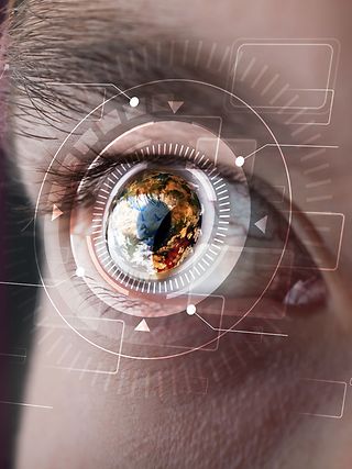 A human eye focuses its gaze with digital assistance.