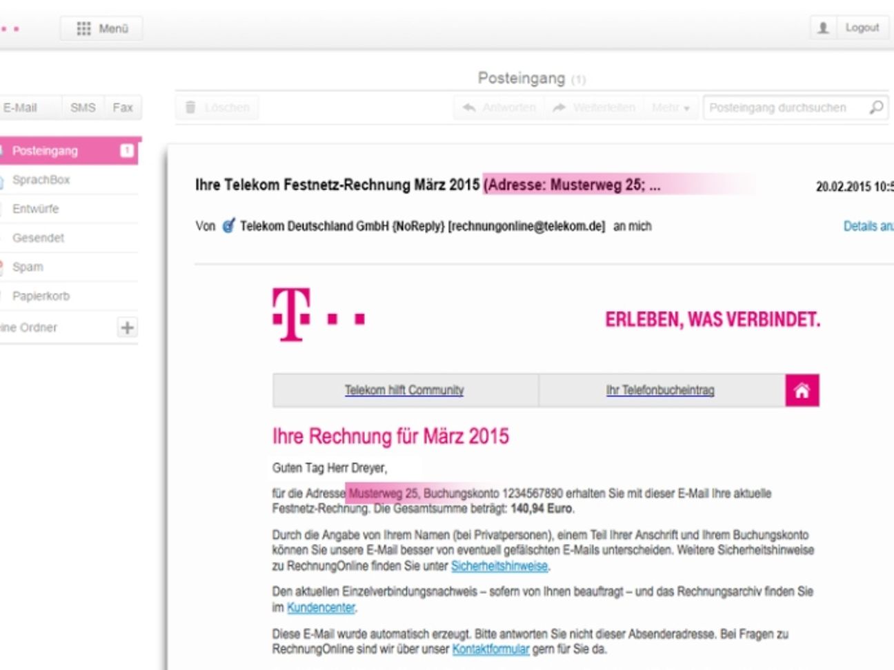 Screenshot einer Online-Rechnung