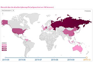Eingefärbte Weltkarte zur Übersicht der Cyberangriffe