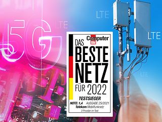 Montage aus Testsiegel, Antennenturm, den Schriftzügen 5G und LTE, die um ein begeistert tanzendes Mädchen arrangiert sind.