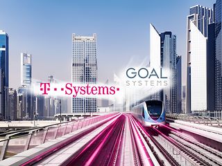 Train with logos of <nobr>T-Systems</nobr> and Goal Systems