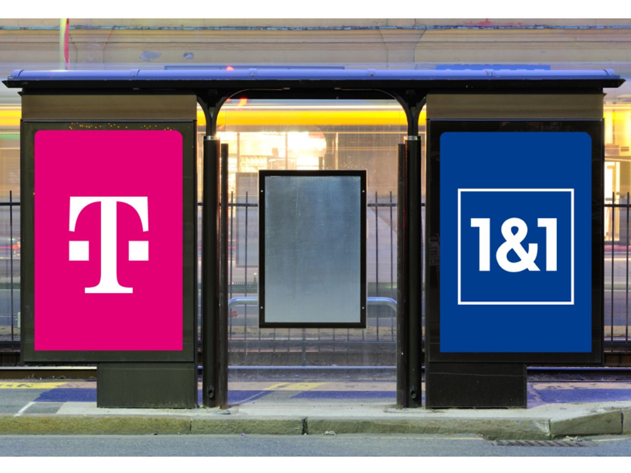 Collage: Unternehmenslogos von Deutscher Telekom und 1&1. 