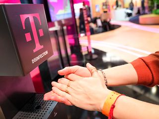 Hygienemaßnahmen auf dem Telekom-Stand.