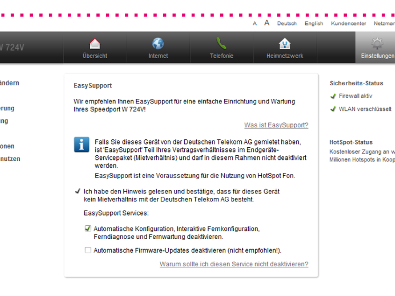Screenshot der EasySupport-Funktion bei einem Speedport-Router.