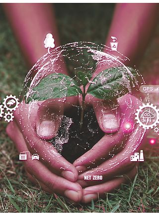 Hand holds plant. Around are symbols for among others CO2, Net zero, E-car.