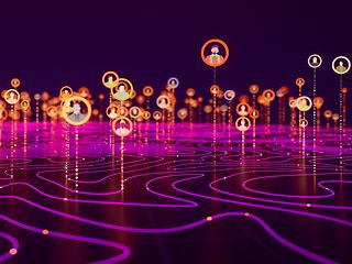 The image is very dark. It shows many bubbles on a wavy background, representing different people as a community.